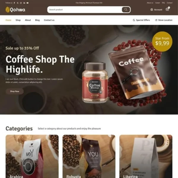 Qohwa – Coffee Shop & Store Ecommerce Elementor Template Kit